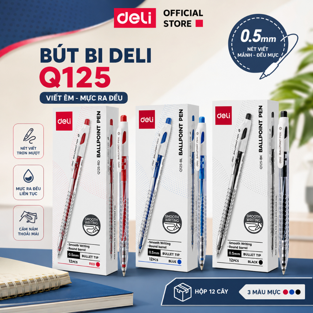 Combo 5/12 Bút Bi Ngòi 0.5mm EQ125 Deli Cao Cấp Nét Thanh Mảnh Cho Học Sinh Sinh Viên Văn Phòng