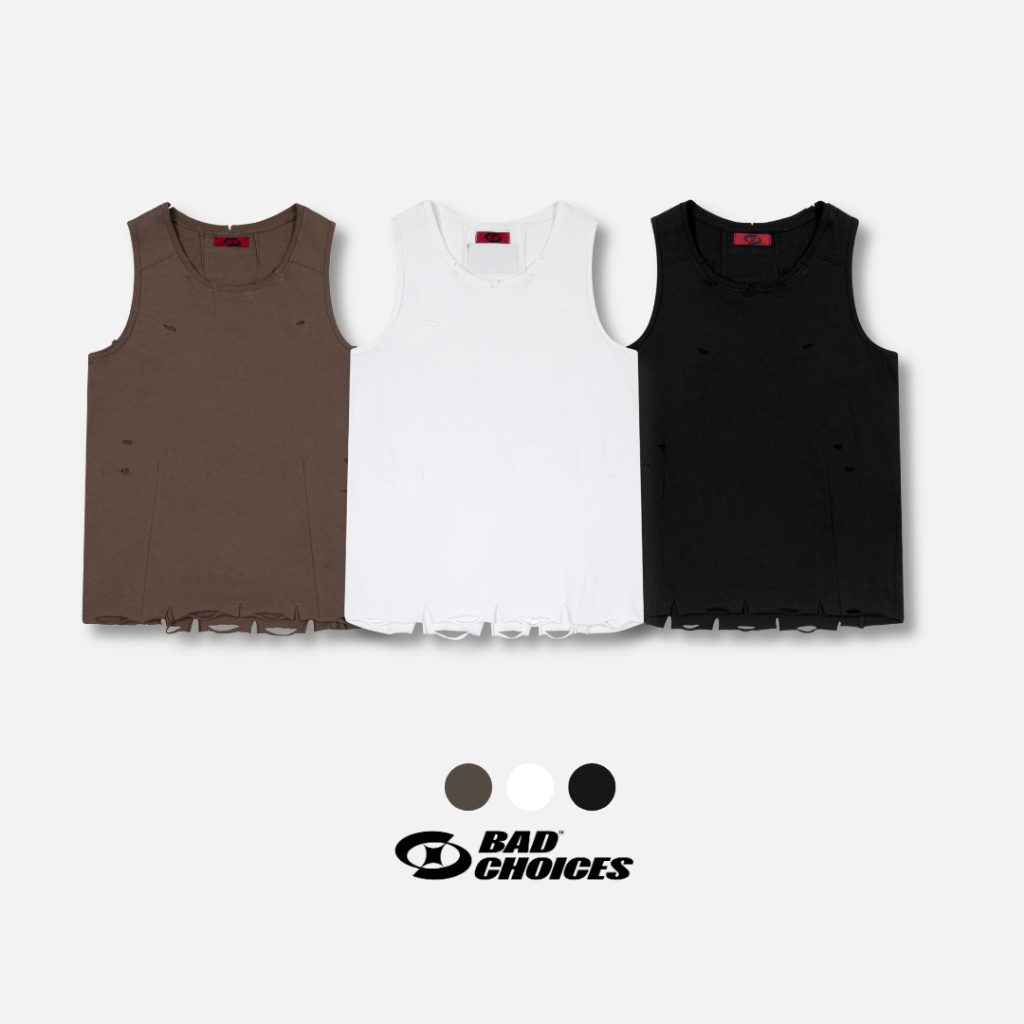 Bad Choices | Áo ba lỗ tank top mài rách vải 100% cotton 2 chiều phối logo đỏ | BigBuy360 - bigbuy360.vn