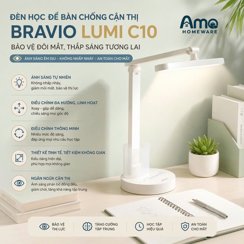 Đèn bàn học chống cận Bravio Lumi C10 LED Toàn Phổ Full Spectrum 10W – 3 Chế Độ Màu, Cảm Ứng, Pin Sạc, Bảo Vệ Mắt | BigBuy360 - bigbuy360.vn