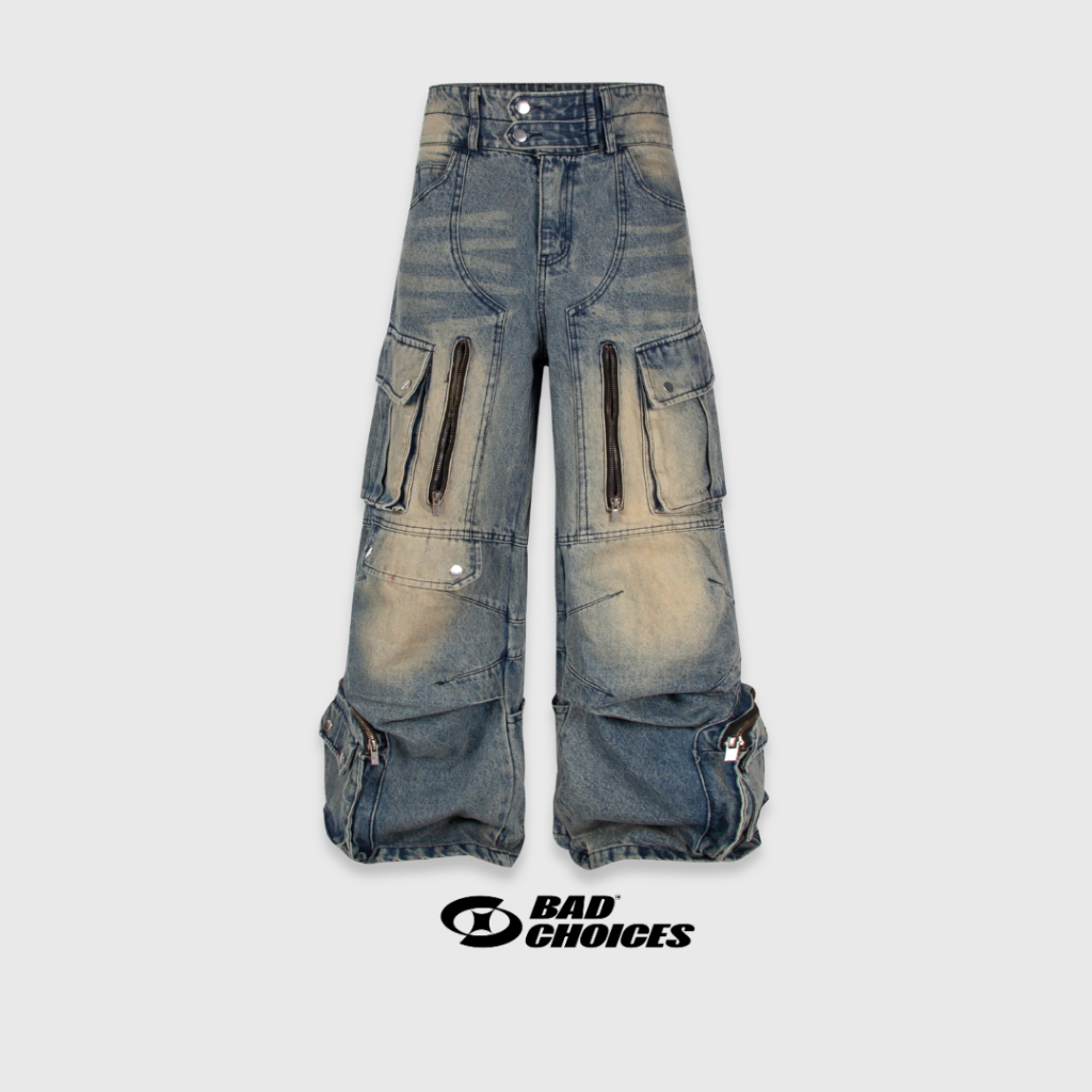 Bad Choices | Quần jean form Suông DESTROYED dây kéo phối túi hộp StreetWear