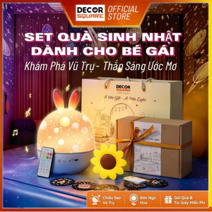 Set Combo Quà Tặng Bé Gái Decor Square: Đèn Thỏ Chiếu Sao & Đèn Ngủ Hoa (Gói Quà + Túi Giấy)