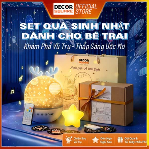 Set Combo Quà Tặng Cho Bé Trai Decor Square - Đèn Chiếu Sao & Đèn Ngủ Mini (Kèm Hộp Quà + Túi Giấy)
