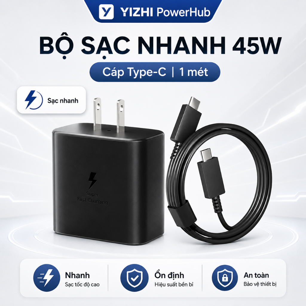 Bộ Sạc Nhanh 45W Củ Sạc Kèm Cáp Type-C USB-A Cho Samsung Galaxy Android Sạc Điện Thoại Ổn Định