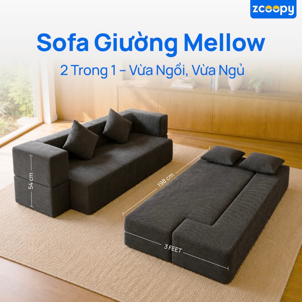 Sofa Giường Zcoopy Mellow 2in1 Thái Lan - Sofa Bed Đa Năng Gấp Gọn Thành Giường 90cm Tặng Kèm 2 Gối Ôm