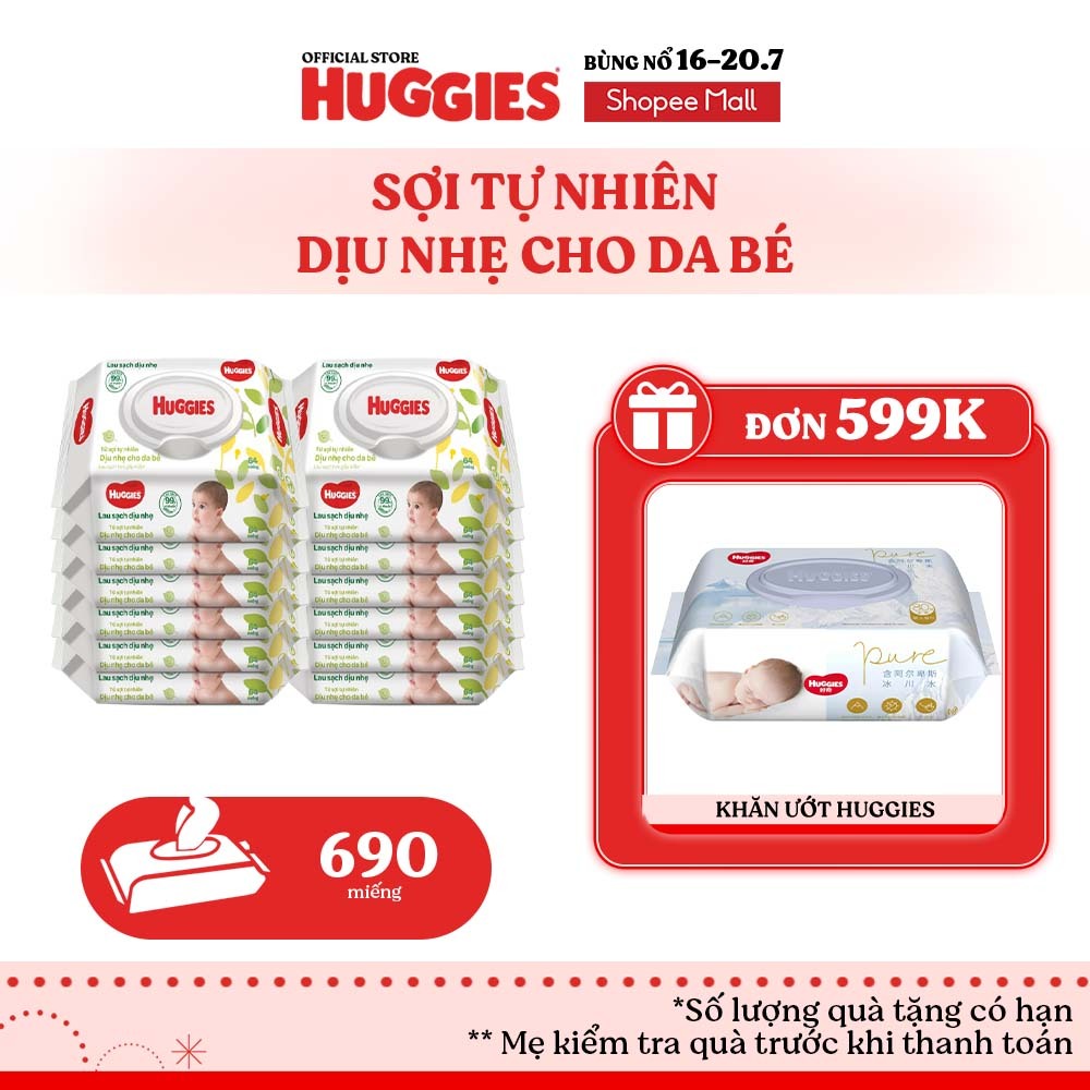 Thùng 12 gói khăn ướt Huggies không mùi cao cấp, lau sạch dịu nhẹ cho bé (80 miếng/gói)