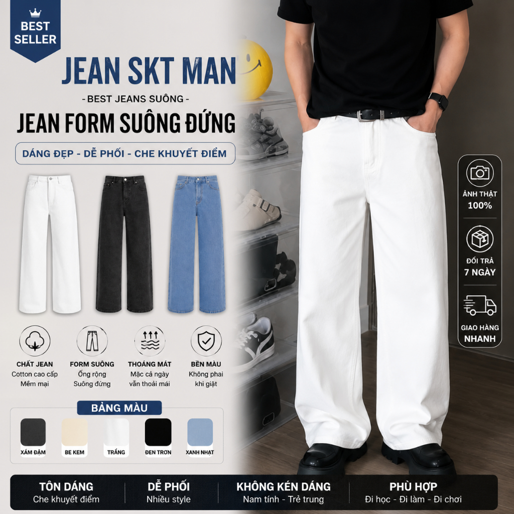 Quần Jean Nam Ống Suông Form Rộng Baggy Local Brand Tôn Dáng Che Khuyết Điểm Nhiều Màu - JeanSKT