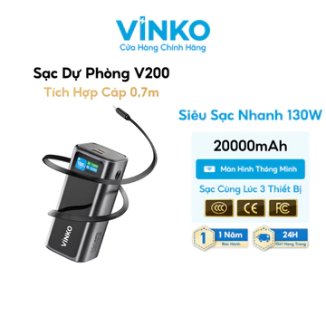 Sạc dự phòng 3C 20000mAh 130W VINKO V200 tích dây sạc Type-C cho iPhone Samsung sạc nhanh pin dự phòng