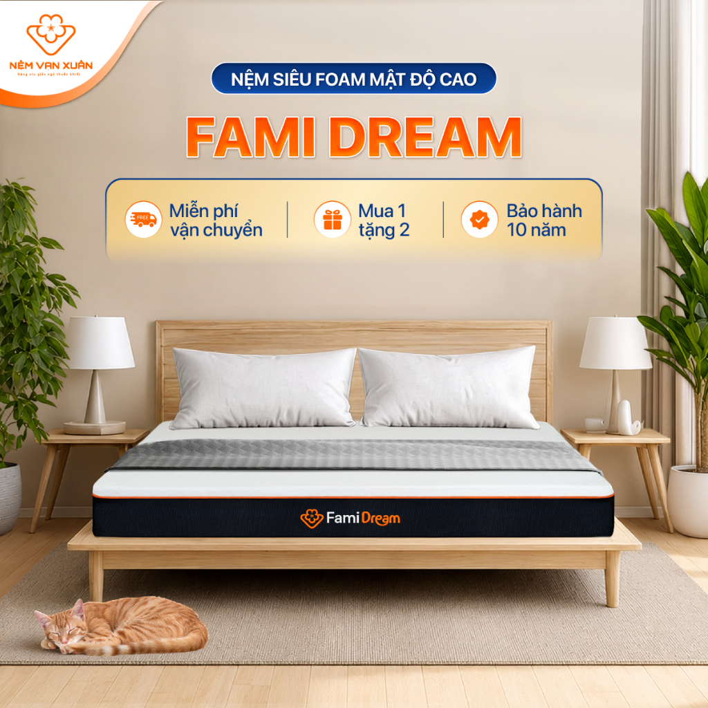Nệm Siêu Foam Mật Độ Cao Fami Dream Vạn Xuân Nâng Đỡ Cơ Thể Siêu Tốt Giúp Ngủ Ngon Mỗi Đêm