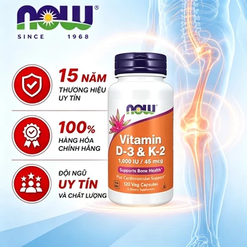 (Mỹ) Viên uống Vitamin D3 & K2 Now (120 Viên) hỗ trợ đẹp da hỗ trợ xương khớp, tim mạch.