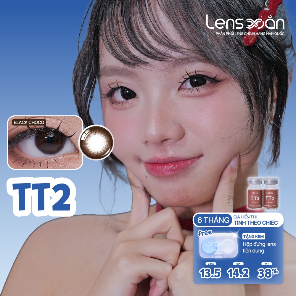 Kính áp tròng cận 6 tháng LENS XOẮN lens nâu tự nhiên tròn mắt có viền mỏng cấp ẩm cao OLENS TT2