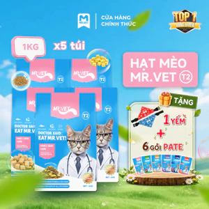 Thức Ăn Cho Mèo MRVET T2 Combo 5 Gói 1KG Tăng Cường Omega 3 Chăm Da Dưỡng Lông Cho Mèo Mọi Lứa Tuổi