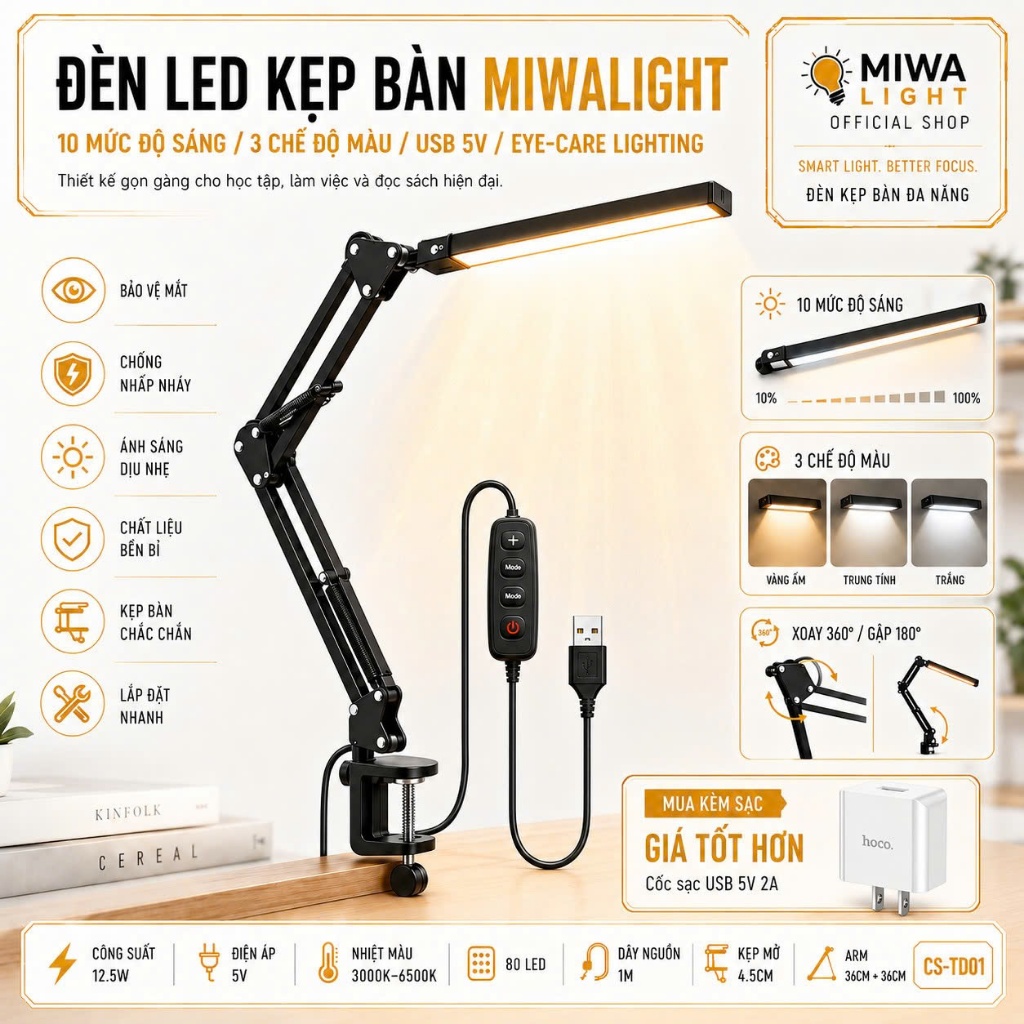 Đèn LED Kẹp Bàn Kim Loại 3 Chế Độ Màu Đèn Bàn Học Chống Cận Xoay Gập Dễ Dàng USB Cánh Tay Dài