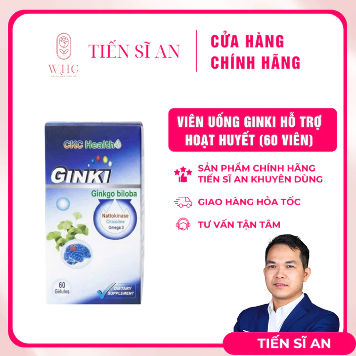 Viên uống Ginki (Bổ sung Ginkgo Biloba & Nattokinase) hỗ trợ tuần hoàn máu, cải thiện hoa mắt, chóng mặt (hộp 60 viên)