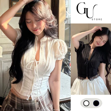 Áo Kiểu Nữ Dáng Croptop - Áo Sơ Mi Nữ Cổ Tàu Tay Bồng Cột Dây Nơ Phối Cài Cúc Thiết Kế Tà Viền Ren Tiểu Thư GU STORE