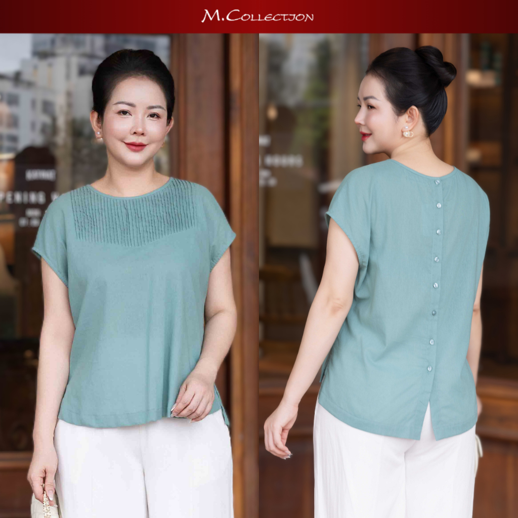 M COLLECTION | Áo Kiểu Nữ Trung Niên Tặng Mẹ, Bà Vải Linen Cổ Tròn Tay Ngắn Cài Nút Lưng A13811