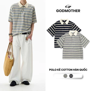Áo Polo Kẻ GODMOTHER Cotton Áo Polo Cotton Áo Polo Ngắn Tay Kẻ Mùa Hè Mát Mẻ Streetwear Hàn Quốc
