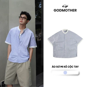 Áo Sơ Mi Kẻ Cộc Tay GODMOTHER Áo Sơ Mi Cổ Trụ Form Rộng Unisex Nam Nữ Trẻ Trung Phong Cách Hàn Quốc
