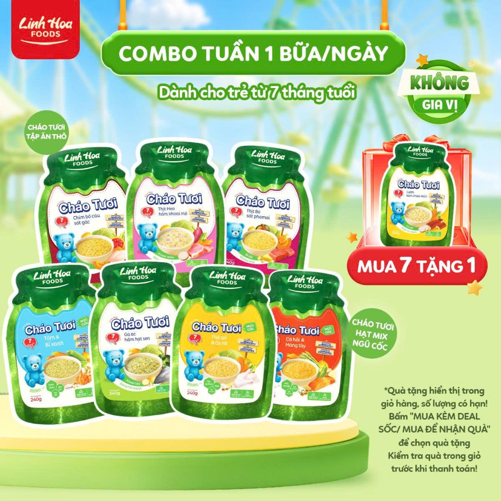[7m+] COMBO 7 TẶNG 1] Combo 7 gói Cháo tươi / Mỳ súp (1 bữa/ngày) 240g - Không Gia Vị - Bé từ 7M+