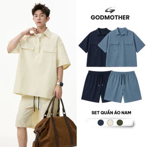 Set Quần Áo Nam GODMOTHER Đồ Bộ Nam Cộc Tay Mùa Hè Vải Xốp Kẻ Ô Form Basic Phong Cách Tối Giản