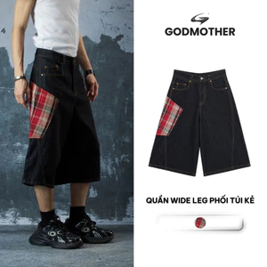 Quần Wide Leg Phối Túi Kẻ GODMOTHER Quần Short Jeans Phối Kẻ Xanh Kẻ Đỏ Phong Cách Hiphop Streetwear