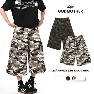 Quần Wide Leg Kaki Camo Túi Hộp GODMOTHER Quần Short Lửng Kaki Unisex Phong Cách Cá Tính Đường Phố