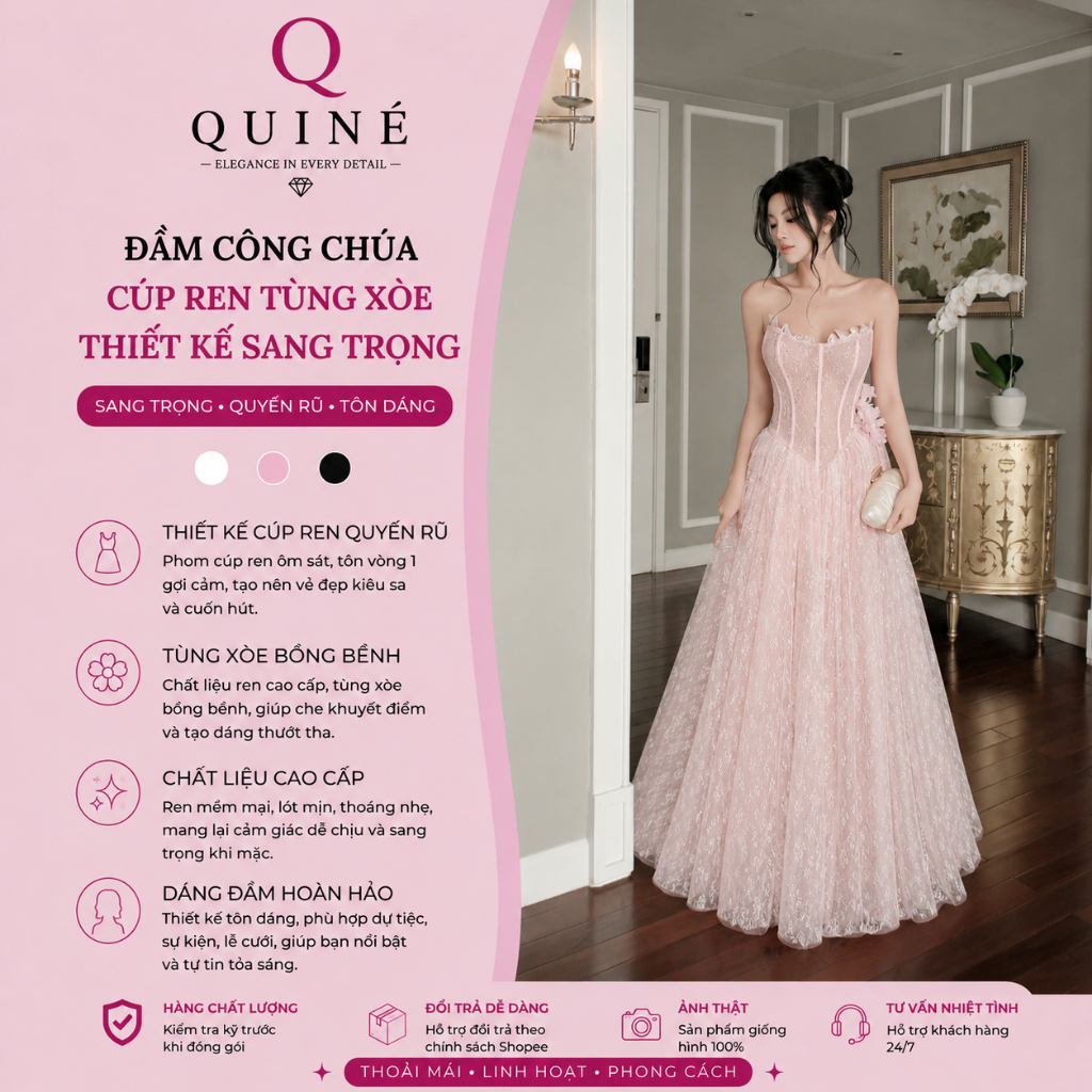Đầm Công Chúa Cúp Ren Tùng Xòe Thiết Kế Sang Trọng Cao Cấp - Váy Dự Tiệc Tiểu Thư Tôn Dáng QUINÉ