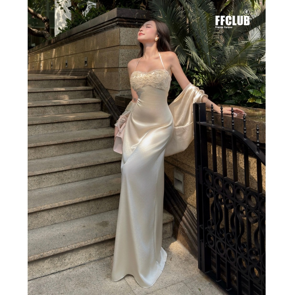 [TẶNG KÈM MÚT] Đầm Lụa Hở lưng FLORAL phối Ren hoa tôn dáng FFCLUB - Đầm lụa dự tiệc, tốn dáng