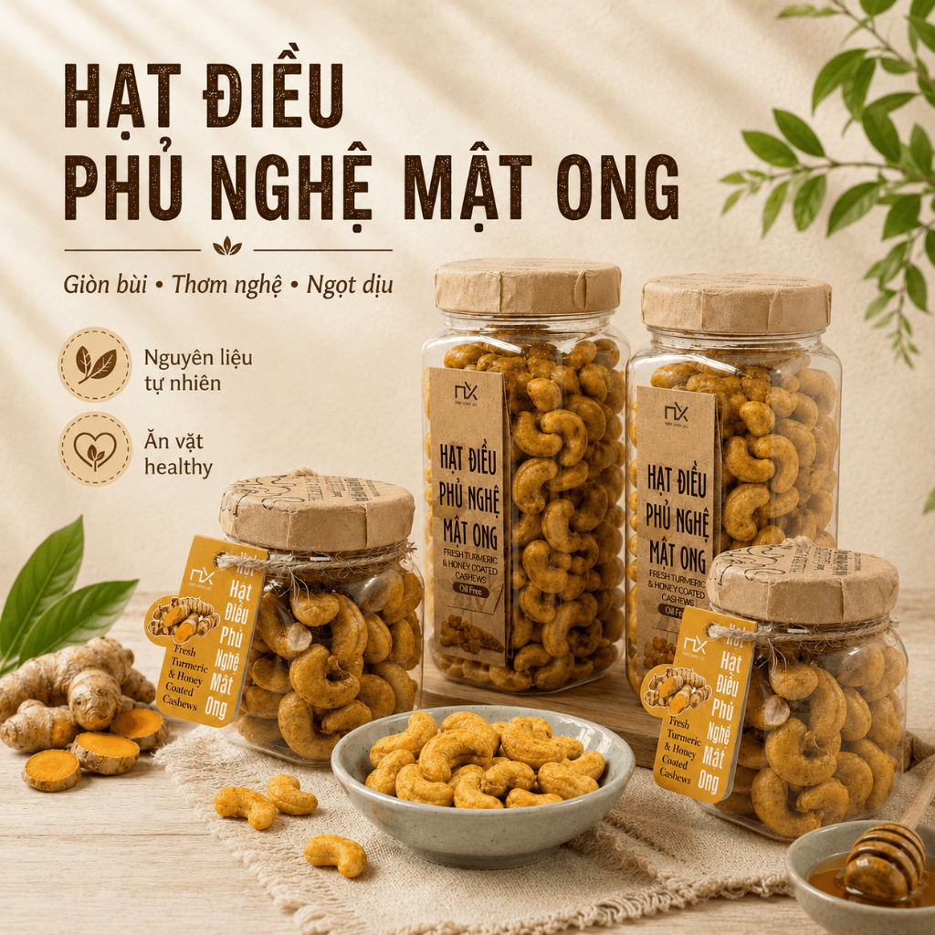 Hạt Điều Ăn Vặt Nam Xanh, Điều Phủ Nghệ Mật Ong, Điều Bình Phước, Không Chất Bảo Quản