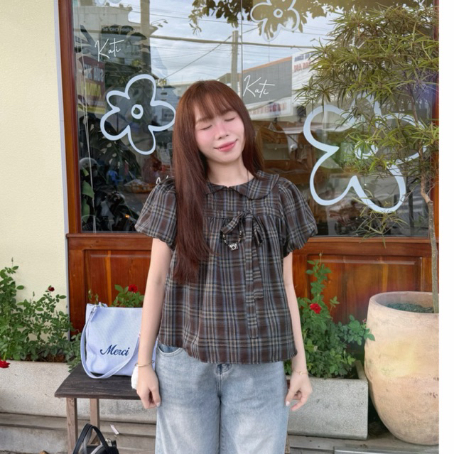 [QUINS]~ ÁO BABYDOLL CARO BÂU SEN PHỐI NƠ TAY BỒNG TÔN DÁNG
