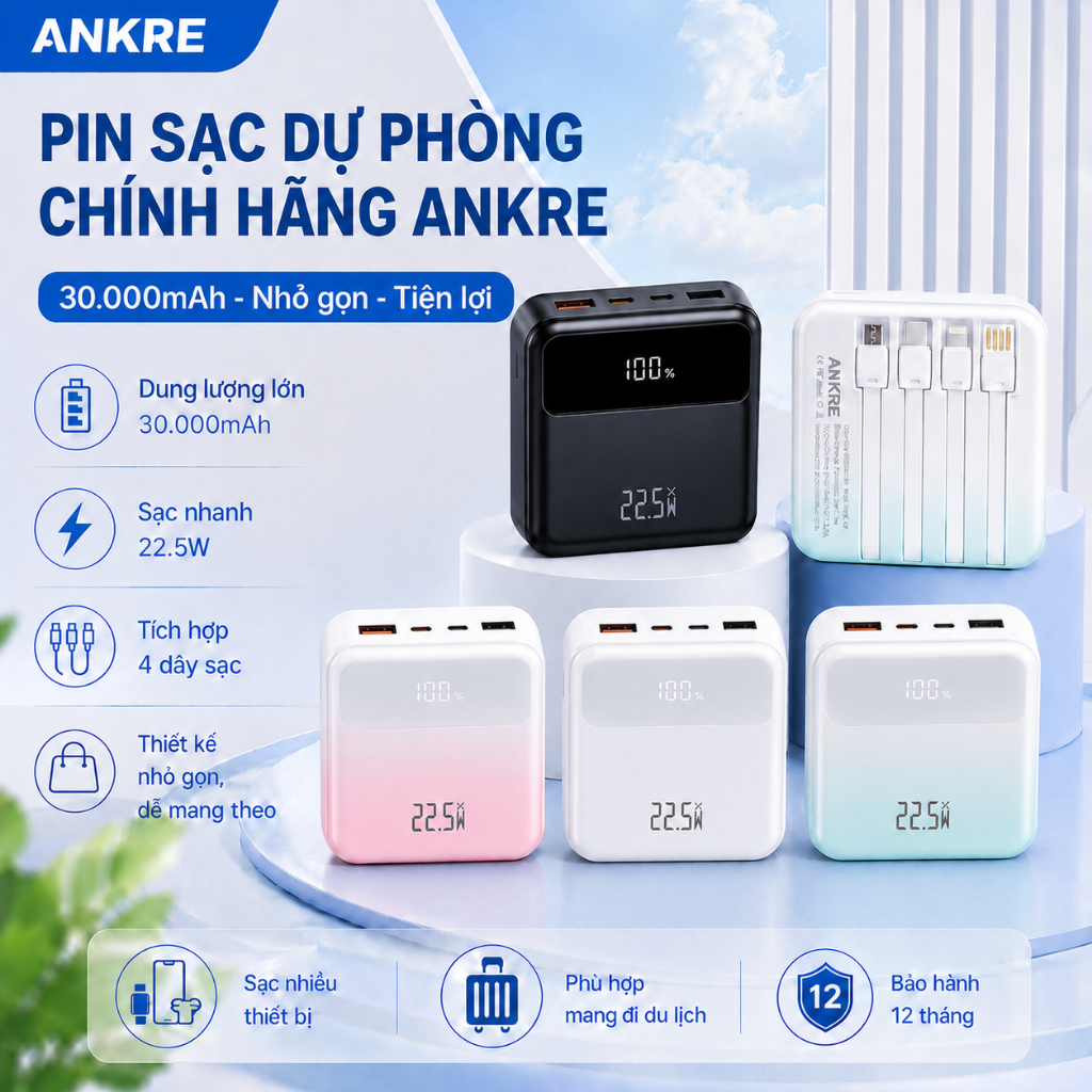 Pin Sạc Dự Phòng ANKRE 30000mAh Sạc Nhanh 22.5W, Tích Hợp 4 Dây Type-CLing Micro USB, Màn Hình LED, Cho iPhone And