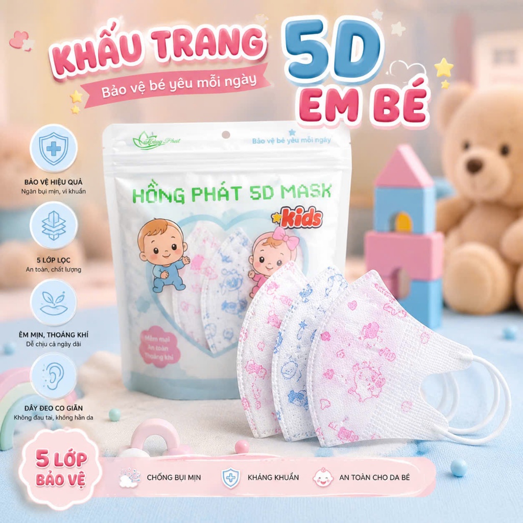 Combo 60 chiếc Khẩu trang 5D  cho bé từ 3 tới 10 tuổi 5D Mask hồng phát
