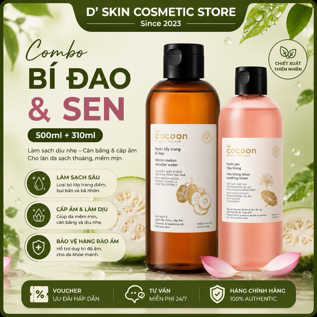 [MUA 1 TẶNG 1_ CHỌN ĐÚNG PHÂN LOẠI] COCOON Nước sen ( Toner) Hậu Giang 310ml + Nước tẩy trang bí đao 500ml | BigBuy360 - bigbuy360.vn