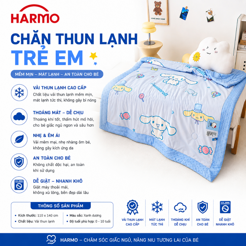 Chăn cho bé đi học chất liệu vải thun lạnh lụa chần bông mềm mịn, thoáng mát bảo vệ da cho bé