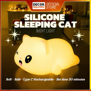 Đèn Ngủ Silicon Mèo Nằm Sạc Pin Hẹn Giờ DecorSquare - 3 Mức Sáng Dịu Quà Tặng Bé Decor Phòng Ngủ