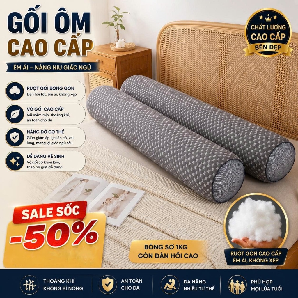 Ruột Gối Ôm Ép Hơi Dài kích thước 100cmx35cm 100% Gòn Đàn Hồi Cao Cấp