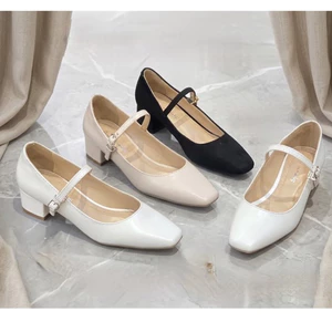 Giày Mery Jane Nữ 5 Phân Mũi Vuông & 3 Phân mũi vuông, Guốc Cao Gót Đế Vuông 5cm Da Mềm Ann_ 3004N