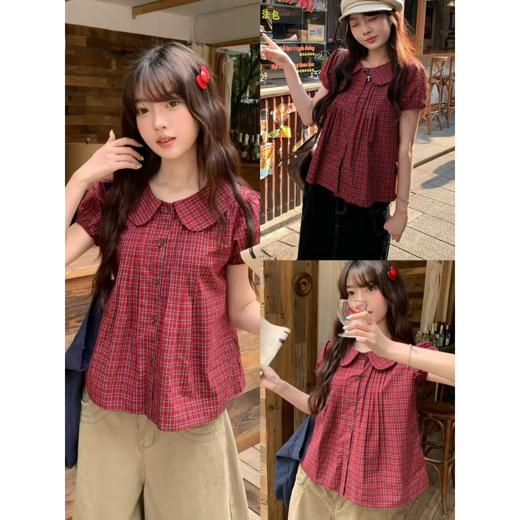 [Bigsize] Áo sơ mi kẻ đỏ A97 dáng babydoll cổ sen xinh xắn dễ phối đồ, che khuyết điểm đủ size 50-100kg