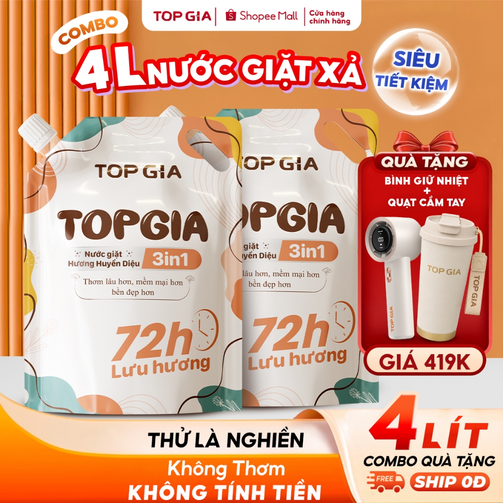 [TẶNG QUẠT TO & BÌNH] Combo 4L,3L Nước Giặt Xả TopGia 3in1 Hương Huyền Diệu, Lưu Hương Thơm Lâu 72H