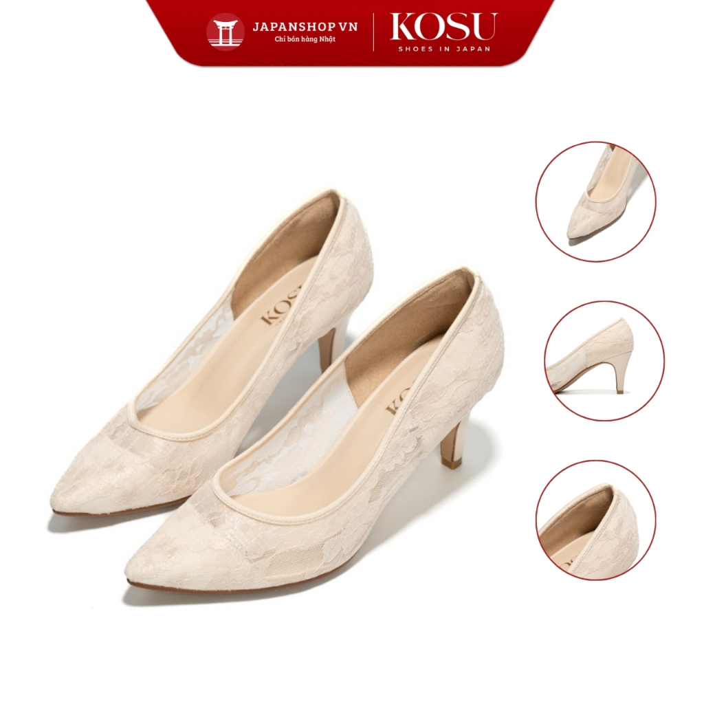 Giày cao gót mũi nhọn ren Saki 7cm Kosu K-2620S, con gót tiệc sang trọng, tôn dáng, chống trơn trượt