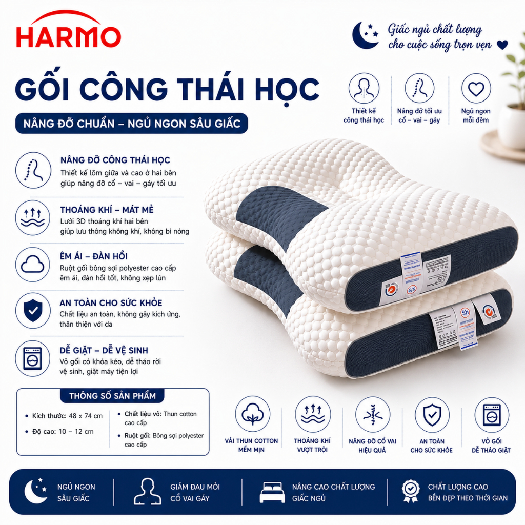 Gối Công Thái Học Chống Đau Mỏi Vai Ngáy, Giúp Ngủ Ngon Nằm Cực Êm Nội Địa Hàn, Gối To Phồng_harmoniedecor