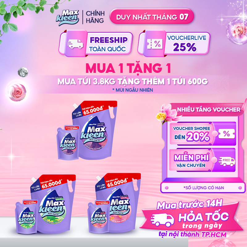 [MUA 1 TẶNG 1] Túi Nước Giặt Xả MaxKleen 3.8kg tặng 1 túi nước giặt 600gram Mùi ngẫu nhiên