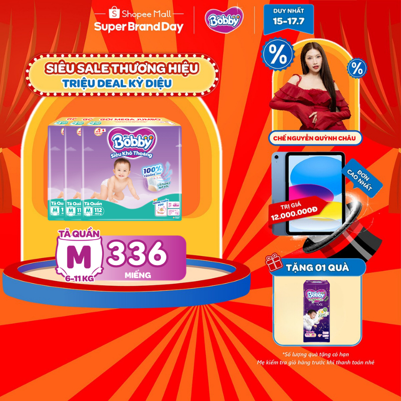 [TẶNG MIẾNG NGẪU NHIÊN] Combo 3 tã quần Bobby Siêu Khô Thoáng - 100% Thoáng Khí Mega Jumbo M112/L96/XL84/XXL76