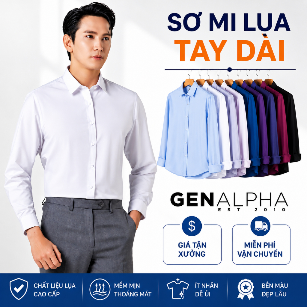 Áo Sơ Mi Nam Tay Dài GEN ALPHA Cổ Đức Vải Lụa Chéo Mềm Mịn, Áo Sơ Mi Trơn Nam Dài Tay Hạn Chế Nhăn