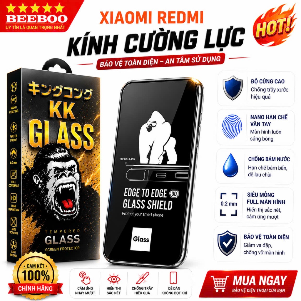 [COMBO 2 KÍNH] Kính Cường Lực Xiaomi Redmi Note 14 13 12 11 Full Keo 9H – Trong Suốt HD – Chống Trầy – Full Màn KK 3D