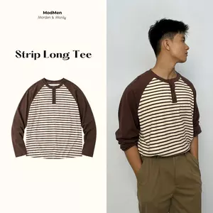Áo Thun Tay Dài Nam Màu Nâu Kẻ Sọc Form Rộng Phối Tay Raglan Dễ Phối Quần Dài Quần Ngắn Stripped Long Tee M