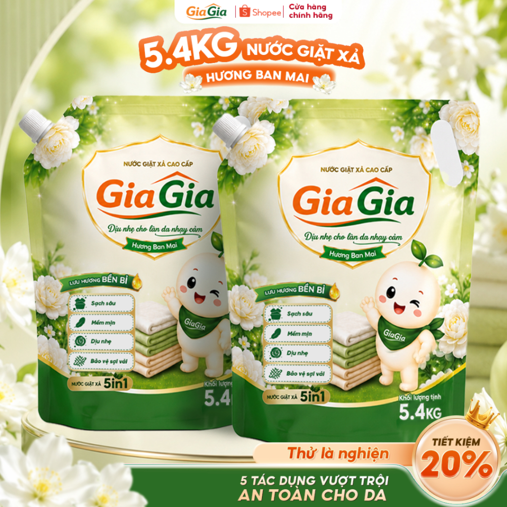 Nước Giặt Xả Quần Áo Thơm Lâu Gia Gia 5in1 Hương Ban Mai 5.4KG, Nước Giặt Xả, Nước Giặt Sạch Sâu Mềm Vải [GIFT]