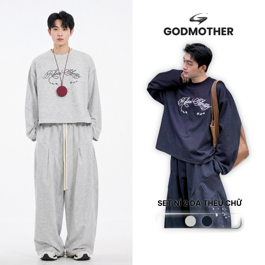 Set Đồ Nam GODMOTHER Set Nỉ Áo Long Tee Quần Indigo Ống Cong Unisex Năng Động Cá Tính STF25002