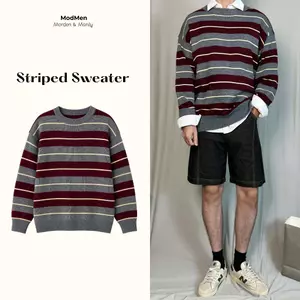 Áo Len Nam Kẻ Sọc Form Rộng Phong Cách Hàn Quốc Màu Xám Phối Đỏ Oversize Striped Knit Sweater MODMEN