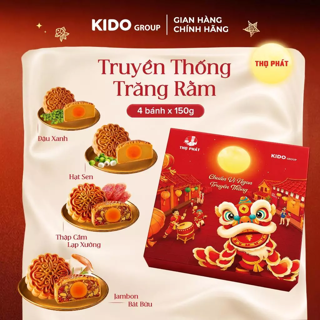 [ĐỘC QUYỀN SHOPEE] Bánh Trung Thu THỌ PHÁT - Kido Group - Combo Truyền Thống Trăng Rằm gồm 4 Bánh loại 1 trứng 150g