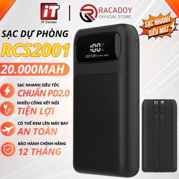Sạc dự phòng Led 20000mah Sạc nhanh PD20W Tích hợp sẵn 2 dây sạc LN và Type C Màn hình hiển thị % Pin